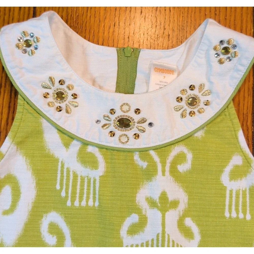 Gymboree Girls Aztec Print Green Dress Batik Summer Size 6  100% Cotton Jewels